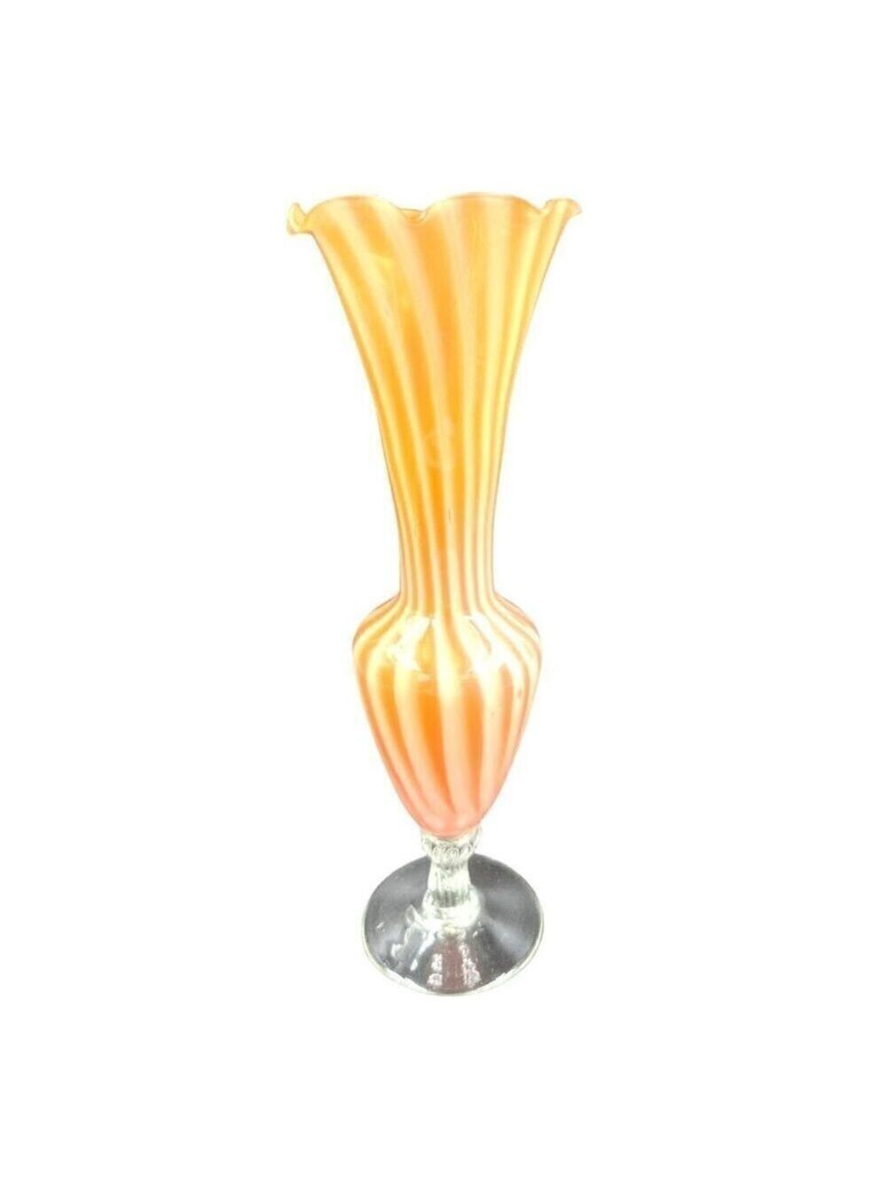 Vintage 8" Bud Vase Orange & White Swirl With Ruffled Edge Stemmed Styled base